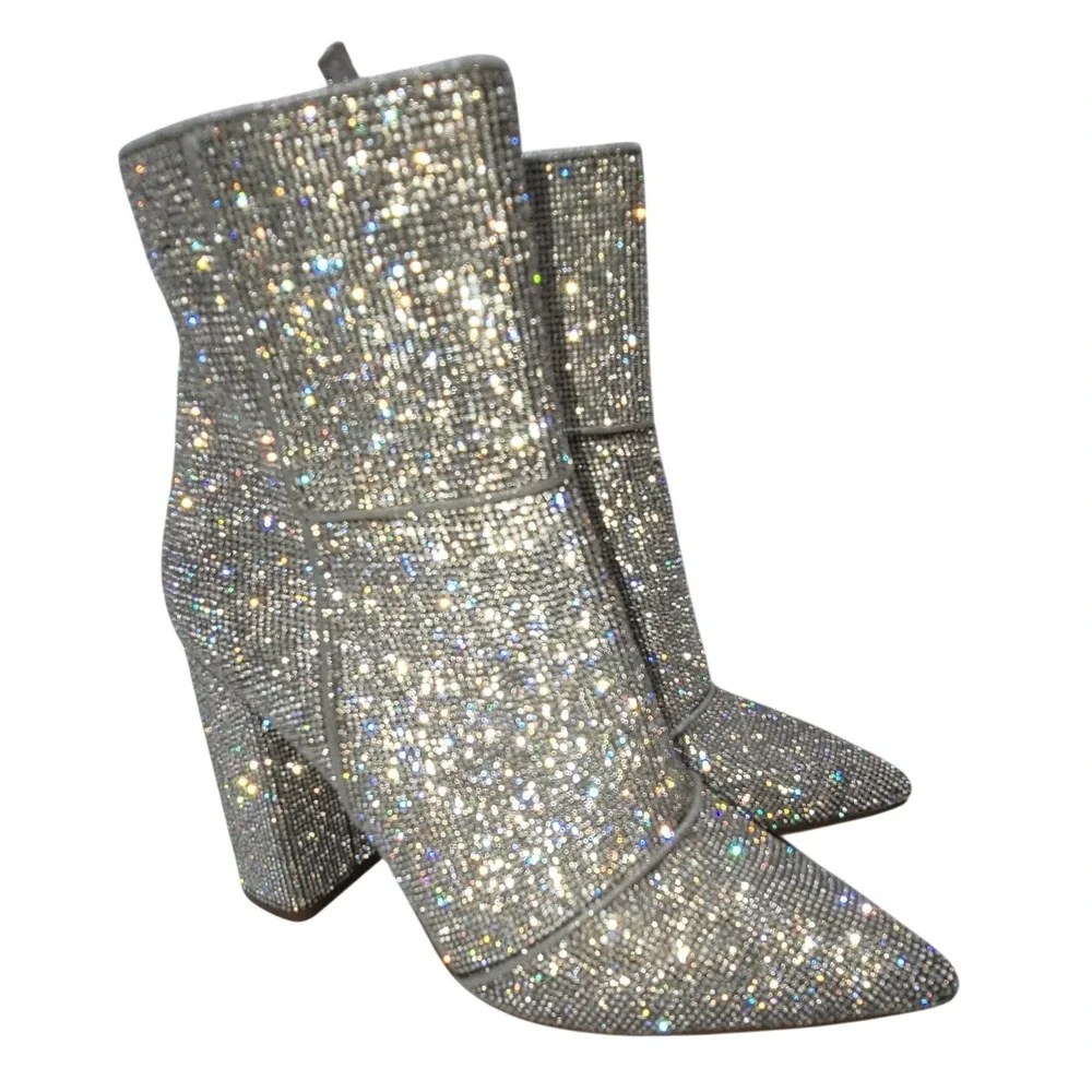 Steve Madden Noticed-R Rhinestone Silver Ankle Boots Pointed Toe Block Heel 8